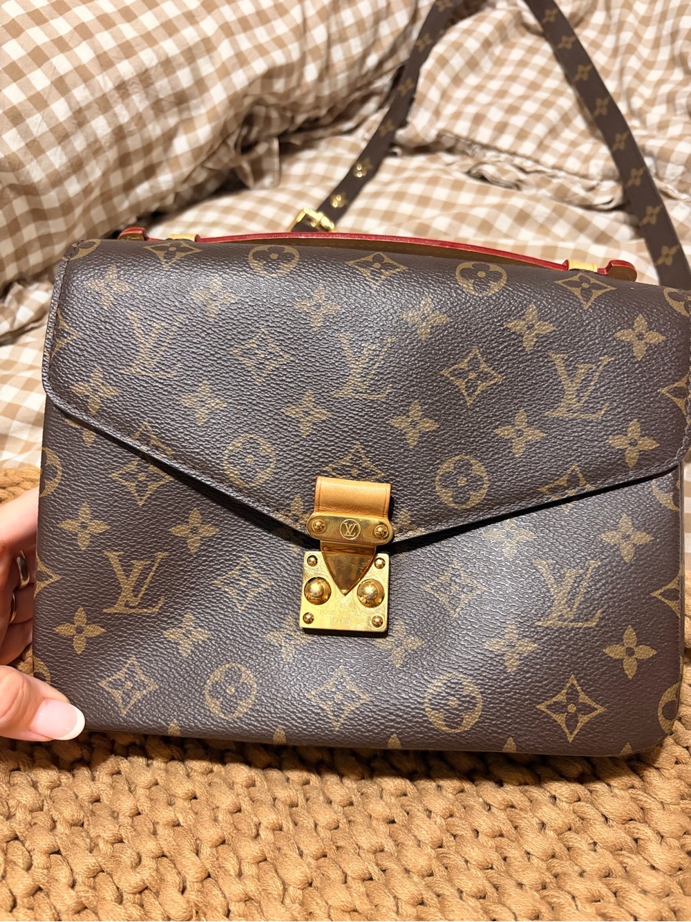 Louis Vuitton Monogram Canvas Pochette Metis Crossbody in Brown with Red Trim
